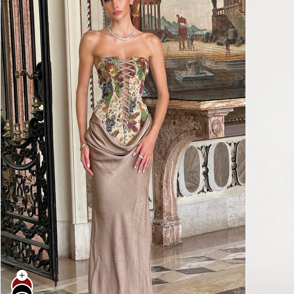 Fashion Nova Strapless Floral Dress - Green and Tan